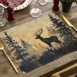 6 Set de Table Motif CERF en LIN Tiss&eacute; ENCHERE 1 EURO