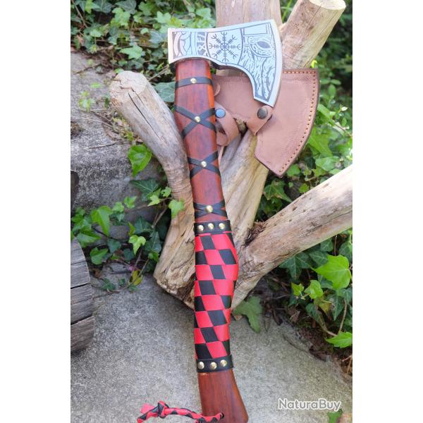 Hache de Viking Ragnar Lothbrok Lame Acier Carbone 1055 Symboles Manche Bois Etui Cuir Artisanale