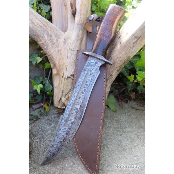 Couteau Bowie Crocodile Dundee Manche Cuir Lame Acier Damas 256 Couches Etui Cuir Fabric Artisanale