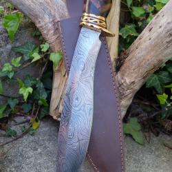 Couteau Bowie De Chasse Manche Bois Marqueterie Lame Acier Damas 256 Couches Etui Cuir F Artisanal