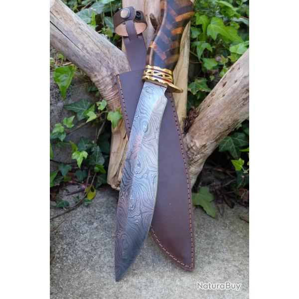 Couteau Bowie De Chasse Manche Bois Marqueterie Lame Acier Damas 256 Couches Etui Cuir F Artisanal