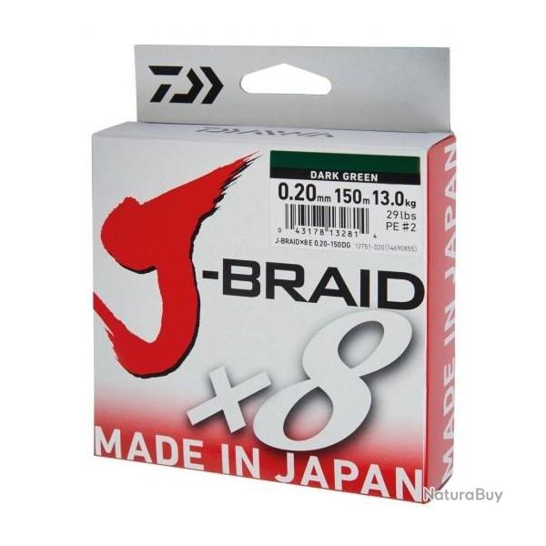 TRESSE DAIWA J.BRAID DARK GREEN 8 BRINS 150M 0.28 mm