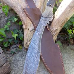 Couteau Bowie Machette Lame Kukkri Acier Damas 256 Couches Manche Micarta Etui Cuir Fab Artisanale