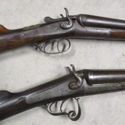 Lot de 2 Fusils Li&egrave;geois, Cal 12 &agrave; chiens, canons Damas, &agrave; 1 euro sans prix de r&eacute;serve!!!