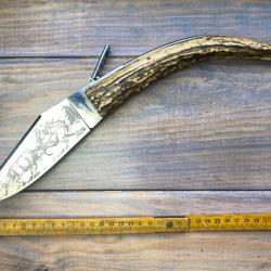 ANCIEN GRAND COUTEAU (37CM) COLTELLERIE LEPRE MANIAGO BOIS DE CERF LAME GRAV&Eacute; CHASSE @NAVAJA