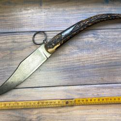 ANCIEN GRAND COUTEAU (41,5CM) &Agrave; PALME/ANNEAU BOIS DE CERF LAME GRAV&Eacute; A L'ACIDE @NAVAJA