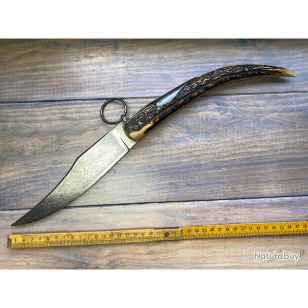 ANCIEN GRAND COUTEAU (41,5CM) � PALME/ANNEAU BOIS DE CERF LAME GRAV� A L'ACIDE @NAVAJA