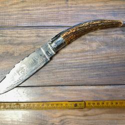 ANCIEN GRAND COUTEAU (39CM) &Agrave; PALME/ANNEAU BOIS DE CERF LAME GRAV&Eacute; "THIERS" @NAVAJA