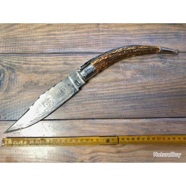 ANCIEN GRAND COUTEAU (39CM) � PALME/ANNEAU BOIS DE CERF LAME GRAV� "THIERS" @NAVAJA