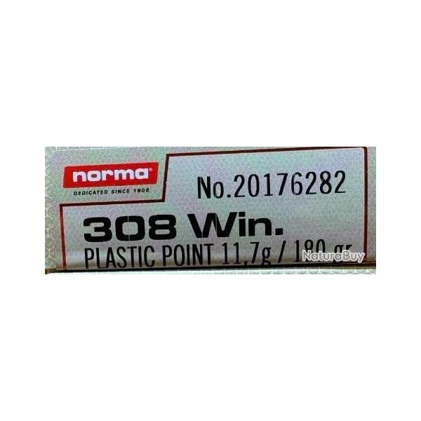 Cartouches NORMA calibre 308 Win Mag plastic point 11.7g 180g x25