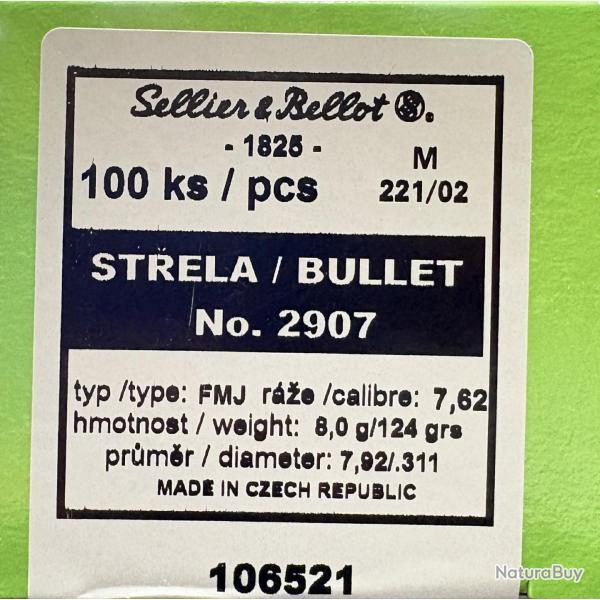 Ogives Sellier & Bellot calibre 7.62x39 FMJ 8g 123grs x100