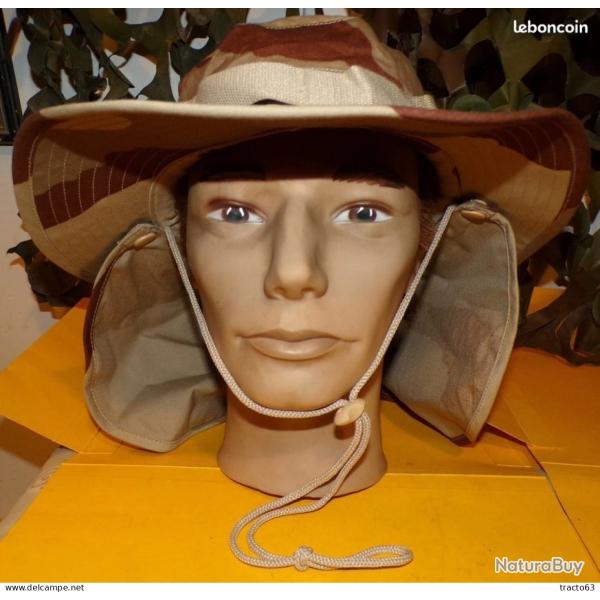 CHAPEAU CAMOUFLAGE SABLE AVEC NUQUIERE AMOVIBLE ,TRAITE ANTI-MOUSTIQUES,TAILLE 57 ,� GRILLAGES SUR L
