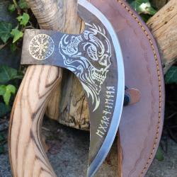 Hache de Viking Ragnar Lame Acier Carbone 1055 T&ecirc;te Viking Manche Bois Etui Cuir Fabric Artisanale