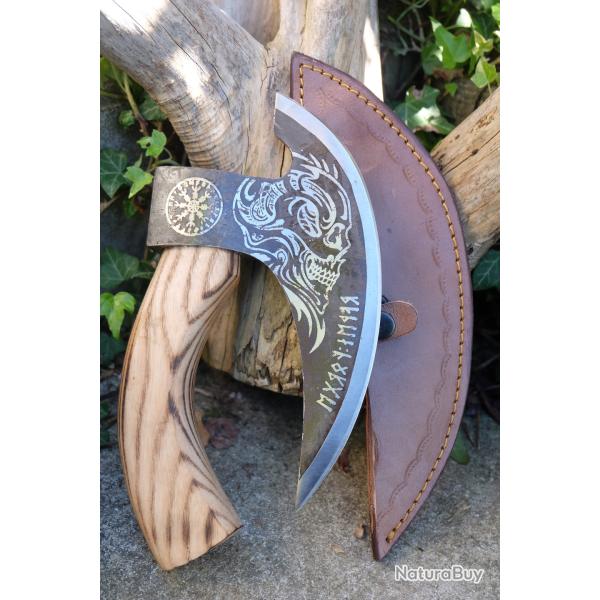 Hache de Viking Ragnar Lame Acier Carbone 1055 T�te Viking Manche Bois Etui Cuir Fabric Artisanale
