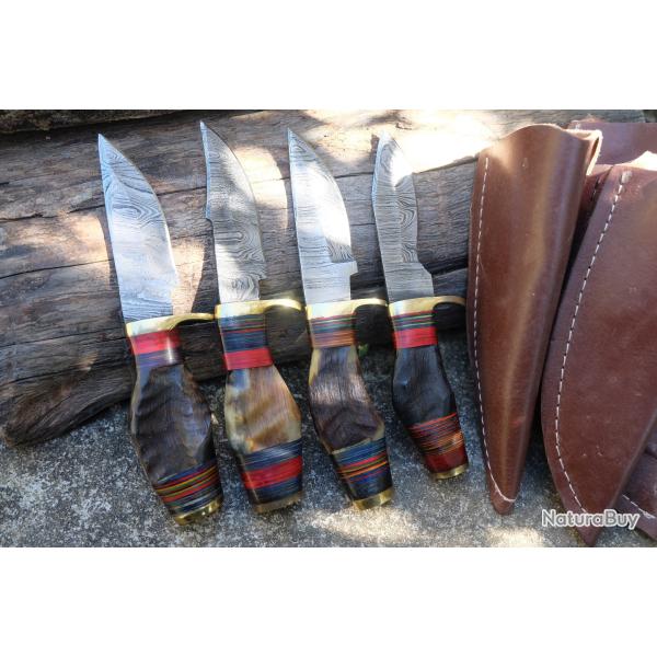 LOT DE 4 Couteau Skinner Damas Lame 256 Couches Manche Corne de B�lier Fab Artisanale Etui Cuir 001