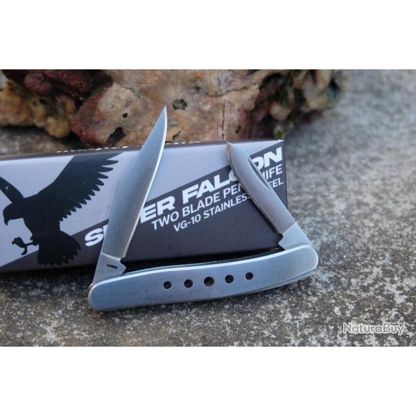 Couteau Silver Falcon 2 Lames Clip Point & Pen Acier VG-10 Manche Acier Slip Joint