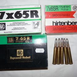 LOT DE 65 CARTOUCHES CALIBRE 7 x 65 R - 3 boites de 20 cartouches + vrac