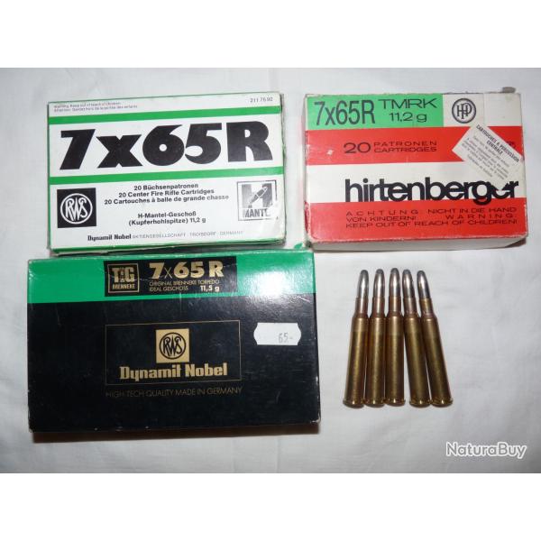 LOT DE 65 CARTOUCHES CALIBRE 7 x 65 R - 3 boites de 20 cartouches + vrac