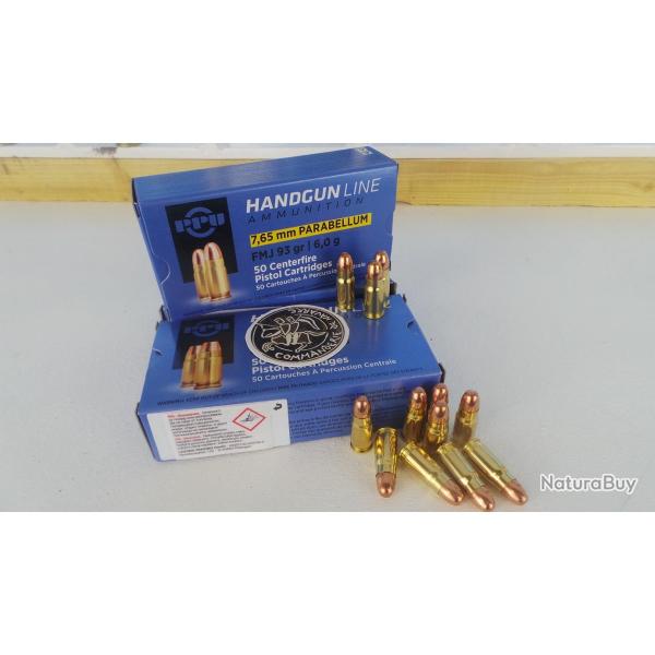 Cartouches 7,65 PARABELLUM FMJ 93grs PPU PRVI PARTIZAN - Boite de 50 unit�s