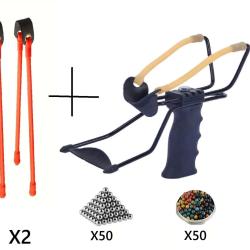 Pack Fronde de chasse / lance pierre noir avec support poign&eacute;e et deux elastiques de rechange