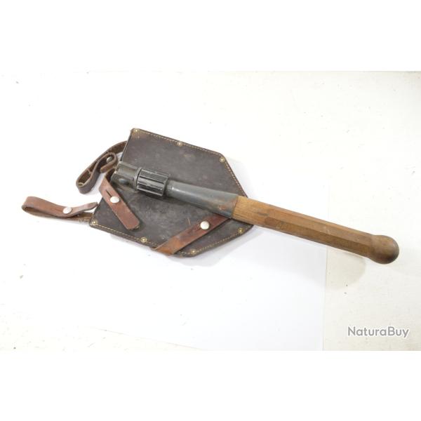 Pelle pliante Arm�e Suisse ann�es 1950 avec �tui en cuir. Surplus, d�tection survie jardinage