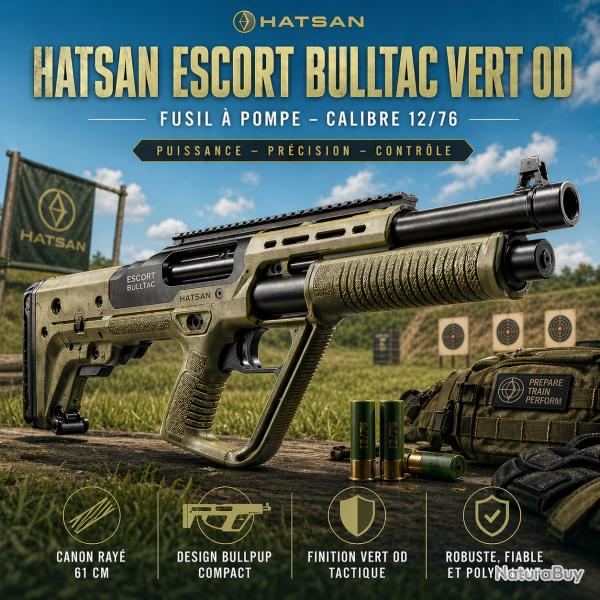 Fusil � pompe Hatsan Escort BullTac Vert OD - Calibre 12/76 canon ray� 61 cm