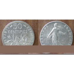 France 50 Centimes 1919 Piece Argent Semeuse Centime