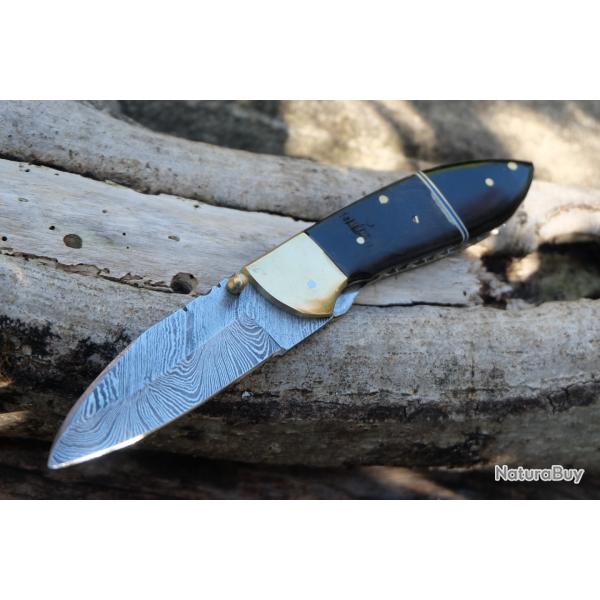 Beau Couteau Damas Lame Drop Point 128 Couches Manche B�lier & R�sine Fabric Artisanale Linerlock 00