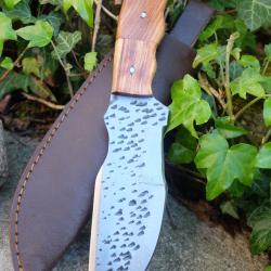 Couteau Bushcraft Trakker Survie Lame Acier Carbone 1075 Forg&eacute;e Manche Bois Etui Cuir Fab Artisanale
