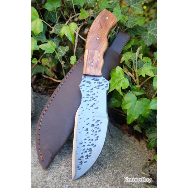 Couteau Bushcraft Trakker Survie Lame Acier Carbone 1075 Forg�e Manche Bois Etui Cuir Fab Artisanale