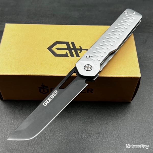 Couteau Gerber Ayako Tanto Green Lame Acier 7Cr17MoV Manche Sylver Aluminium/Acier