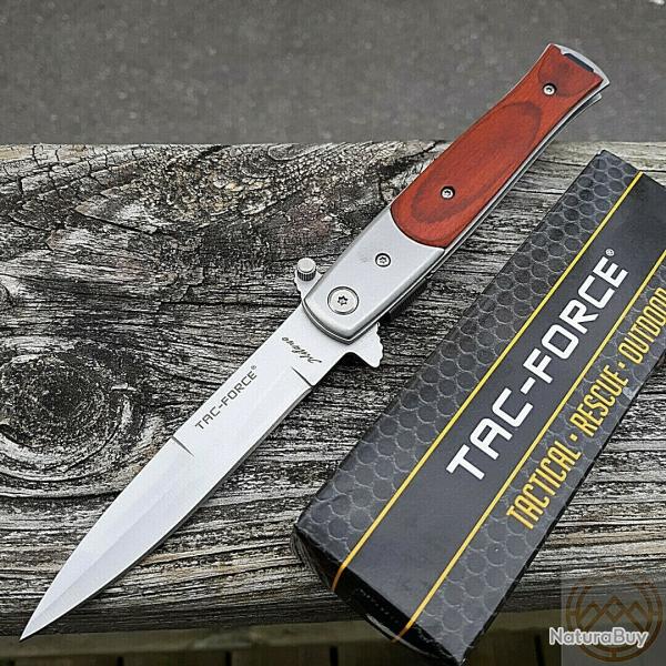 Mafia Milano Couteau Semi-Automatique Tac Force Lame Spear Point Acier Inox Manche Bois Linerlock