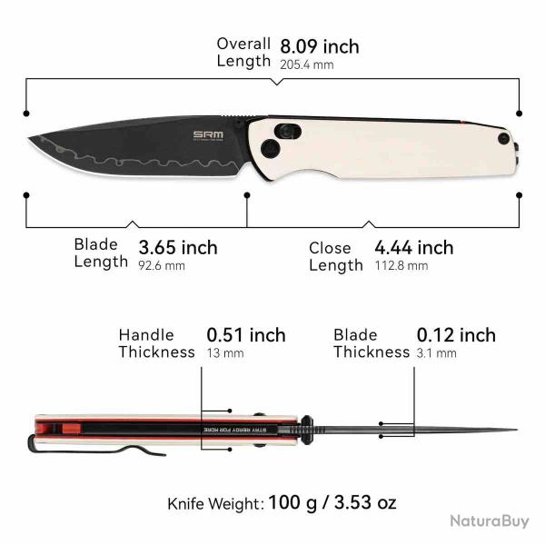 Couteau SRM 258L-GT2 Terrier Lame Acier 140Cr Noir Manche G10 Ivory Ambi-Lock SRM258LGT2