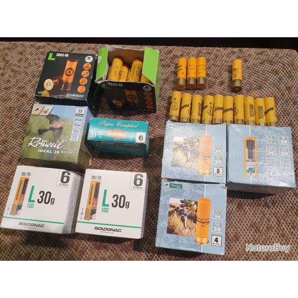 lot de 191 cartouches cal 20  / 67 - 70 BOURRE A JUPE de marque TUNET SOLOGNAC ROTTWEIL VOUZELAUD