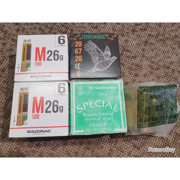 lot de 92 cartouches cal 20 /67 � BOURRE GRASSE de marque SOLOGNAC TERRES-&-EAUX FRANCE-MUNITIONS