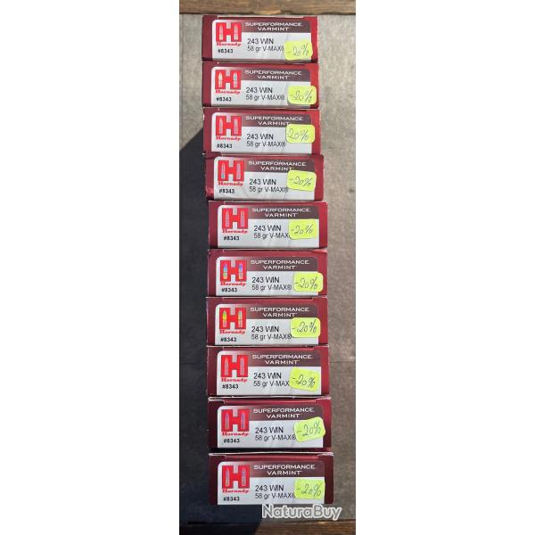 Lot 10 bo�tes Hornady 243 Win 58gr VMAX
