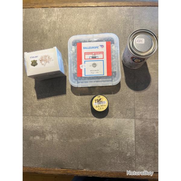 LOT BALLES + AMORCES + GRAISSE + BOURRES  - CAL. 36 PN