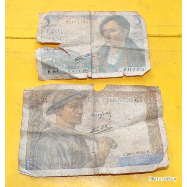 LOT BILLET DE 10 FRANCS 1942 ET BILLET DE 5 FRANCS 1943 ,  ETAT VOIR PHOTOS .POUR TOUT RENSEIGNEMENT