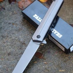 Couteau Tactical Urbain Falcon Semi-Automatique Lame Tanto Acier 440 Manche Acier Gray Linerlock