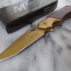 Couteau Semi Automatique MTech Golden Boy Lame Tanto Acier 3Cr13 Gold Manche Bois & Acier Linerlock