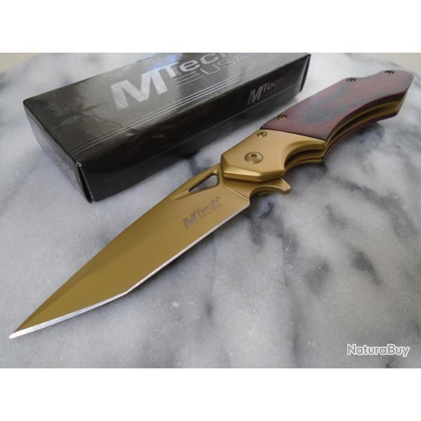 Couteau Semi Automatique MTech Golden Boy Lame Tanto Acier 3Cr13 Gold Manche Bois & Acier Linerlock