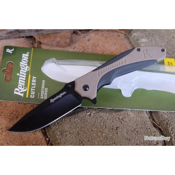 Couteau Remington Sportsman Linerlock A/O Manche Black/Tan Polymer Lame Acier 8Cr13MoV Clip