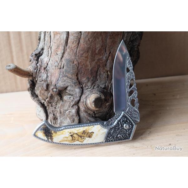 Couteau S-TEC Wildlife Wolf A/O Lame Acier 440 Manche Sculpt� & R�sine avec Loups Framelock