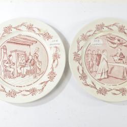 Assiette parlante x 2 Un Mariage &agrave; la campagne. A la mairie, La demande en mariage. D&eacute;co vintage