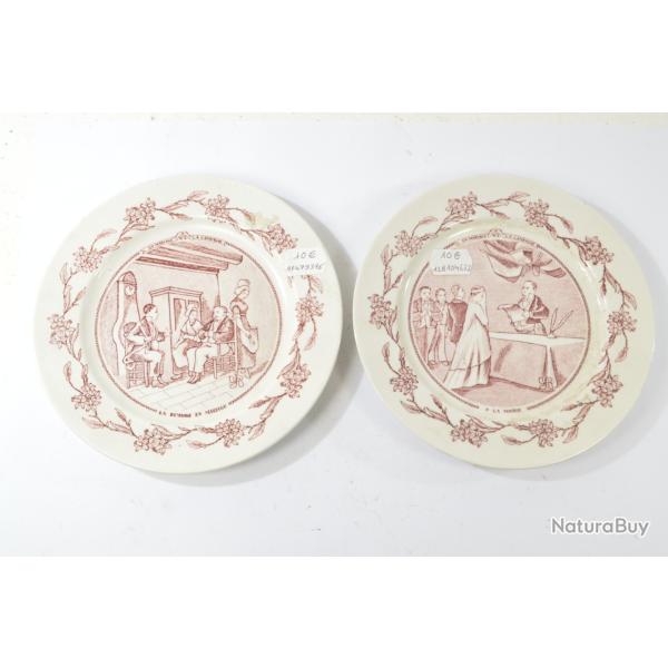 Assiette parlante x 2 Un Mariage � la campagne. A la mairie, La demande en mariage. D�co vintage