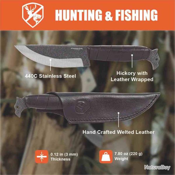 Couteau Condor Collection Hunter Lame Acier 440C Manche Bois & Cuir Etui Cuir Salvador CTK11650HC