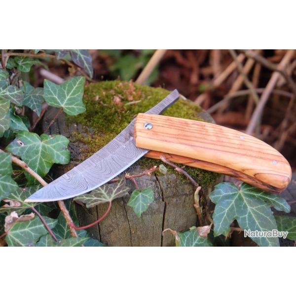 Couteau Pi�montais Manche Bois Olivier Lame Acier Damas 128 Couches Trailing Point Fabric Artisan