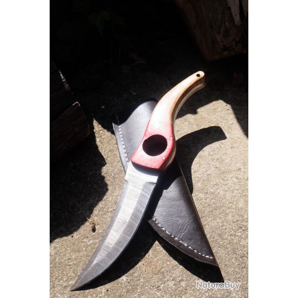 Couteau De Cuisine & Rando Lame Acier Damas 256 Couches Fa�on Huusk Manche Bois Etui Artisanale