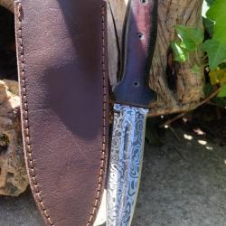 Couteau de Chasse Dague Scottish Dirk Lame Fa&ccedil;on Damas Manche Bois Etui Cuir Fabric Artisanale