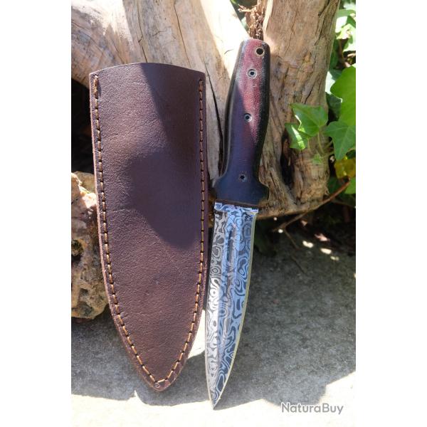 Couteau de Chasse Dague Scottish Dirk Lame Fa�on Damas Manche Bois Etui Cuir Fabric Artisanale